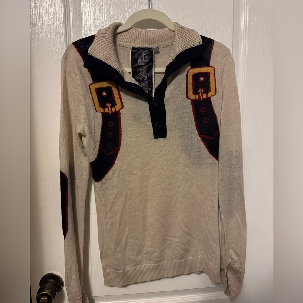 EUC L.A.M.B. Gwen Stefani Belt Stylish Wool Cream and Navy Sweater